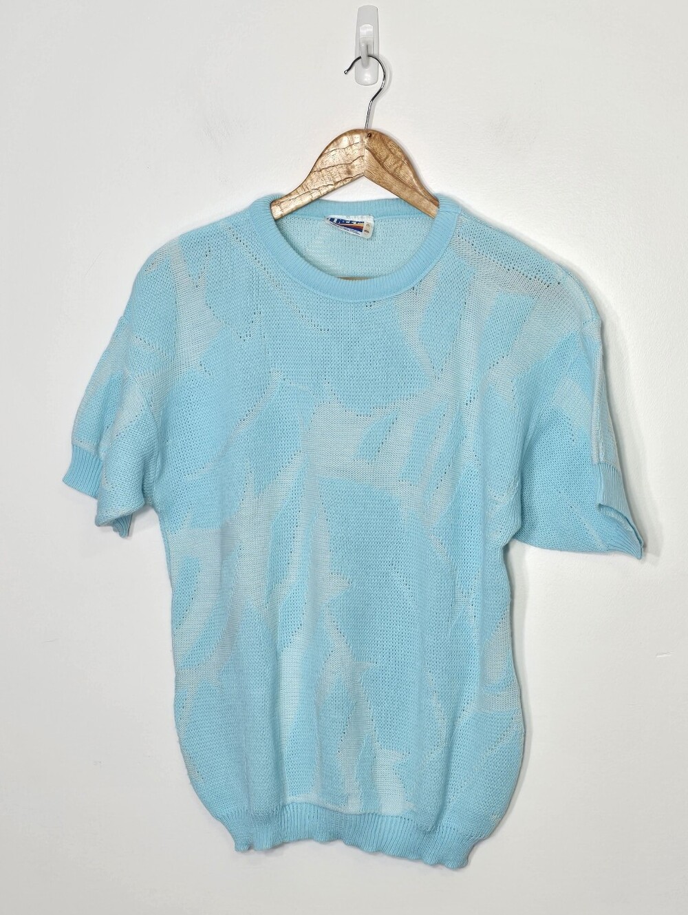 Vintage Tree-KO Blue Retro Knitted Short Sleeve Pull Over Sweater Made In Canada - Picture 2 of 12